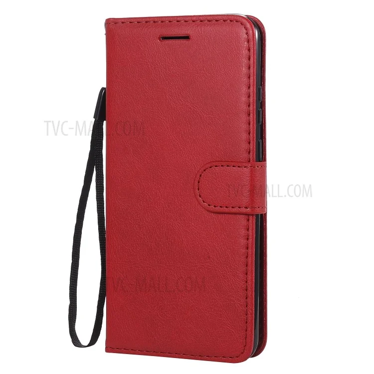 For Huawei P Smart 2020 Case Solid Color Leather Mobile Cover Wallet Stand with Strap - Red