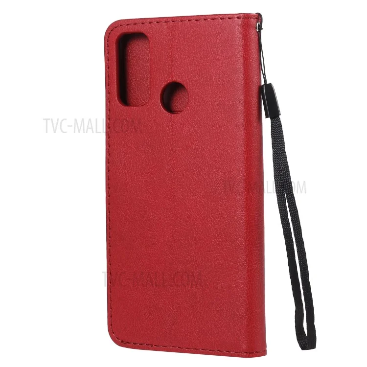 For Huawei P Smart 2020 Case Solid Color Leather Mobile Cover Wallet Stand with Strap - Red