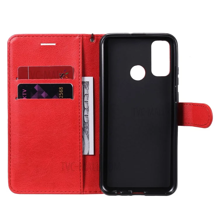 For Huawei P Smart 2020 Case Solid Color Leather Mobile Cover Wallet Stand with Strap - Red