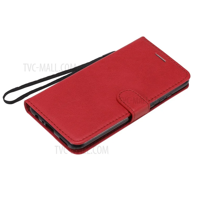 For Huawei P Smart 2020 Case Solid Color Leather Mobile Cover Wallet Stand with Strap - Red