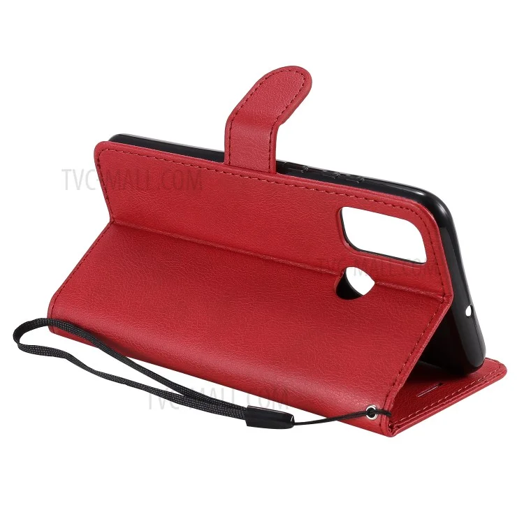 For Huawei P Smart 2020 Case Solid Color Leather Mobile Cover Wallet Stand with Strap - Red