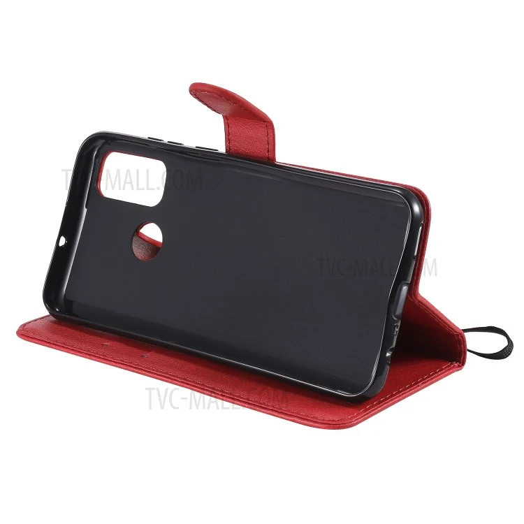 For Huawei P Smart 2020 Case Solid Color Leather Mobile Cover Wallet Stand with Strap - Red