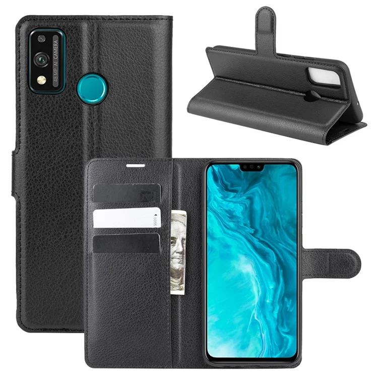 Litchi Textur Wallet Stand Leder Handyabdeckung Für Honor 9x Lite - Schwarz