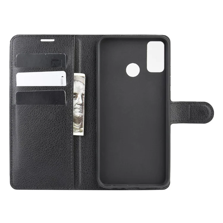 Litchi Texture Wallet Stand Leather Cell Phone Cover for Honor 9X Lite - Black