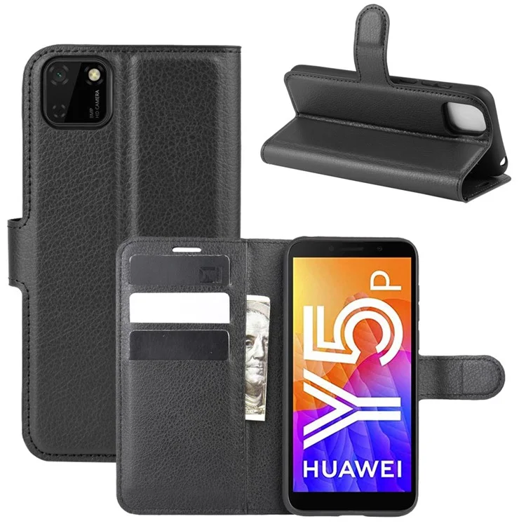 Litchi Grain Portefeuille Stand Coating Etui Téléphone Pour Huawei Y5P / HONNEUR 9S - Noir