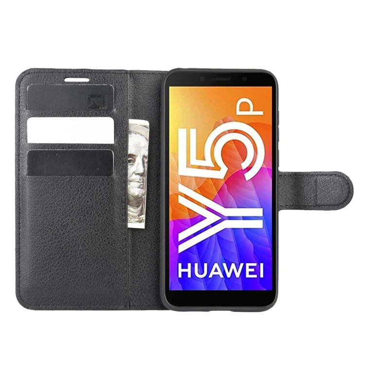 Litchi Grain Portefeuille Stand Coating Etui Téléphone Pour Huawei Y5P / HONNEUR 9S - Noir