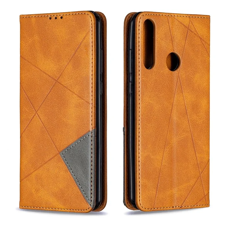 Étui en cuir unique avec motif géométrique pour Huawei Y6p - Jaune