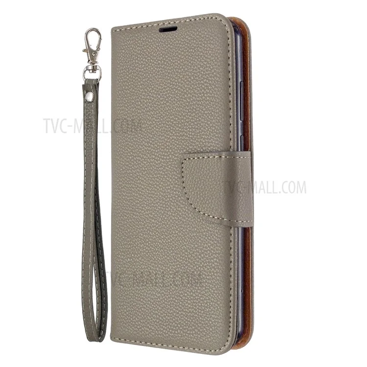 Litchi Skin Wallet Leather Pure Color Case Para Huawei Y6p - Cinza