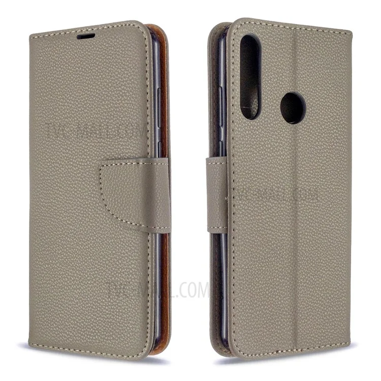 Litchi Skin Wallet Leather Pure Color Case Para Huawei Y6p - Cinza