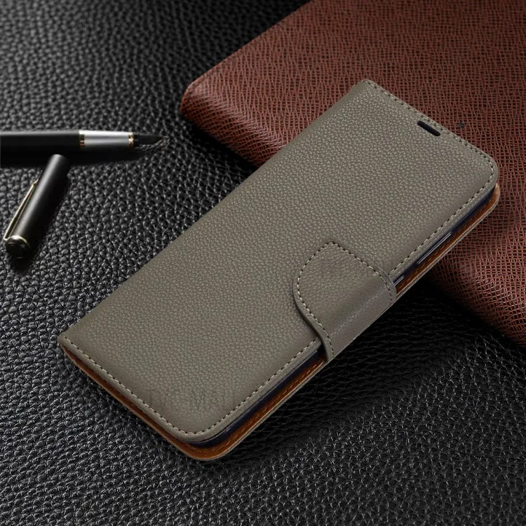 Litchi Skin Wallet Leather Pure Color Case Para Huawei Y6p - Cinza