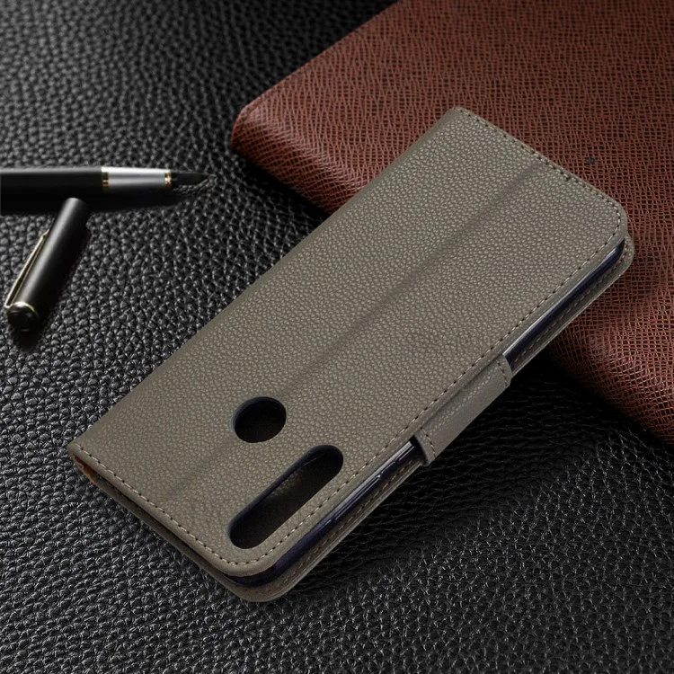 Portafoglio Della Pelle Della Pelle Litchi in Pelle Pura Custodia a Colori Per Huawei Y6p - Grigio