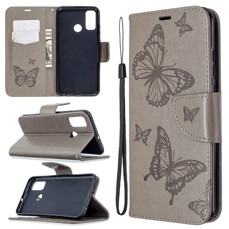 Impresión de Carcasa de Cuero de Billetera de Mariposa Para Huawei P Smart 2020 - Gris