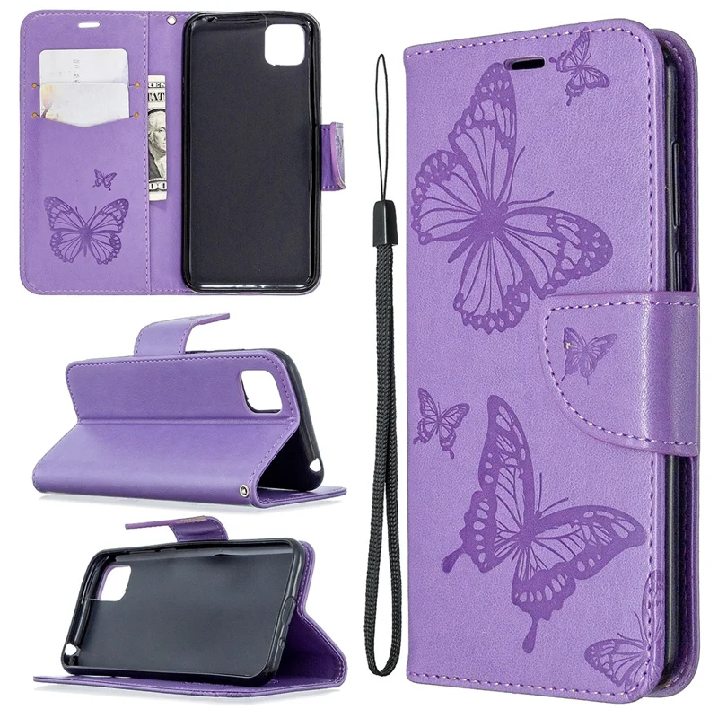 Imprint Butterfly Magnetic Leather Cover for Huawei Y5p/Honor 9S - Purple