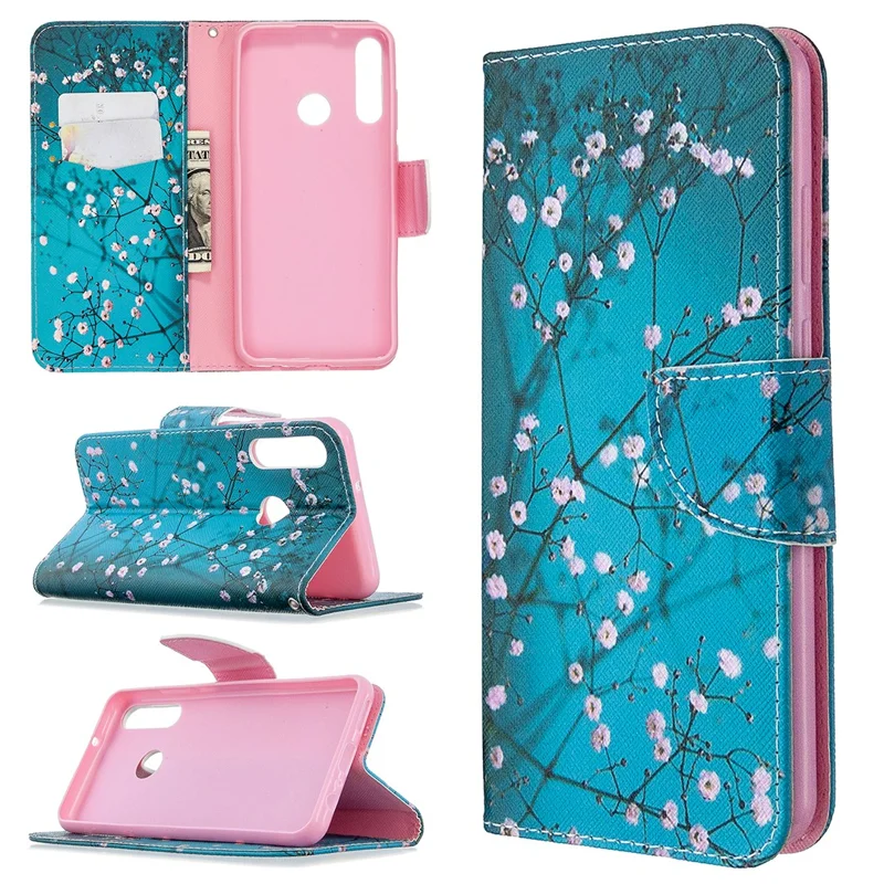 Pattern Printing Wallet Leather Protective Case for Huawei Y6p - White Flower