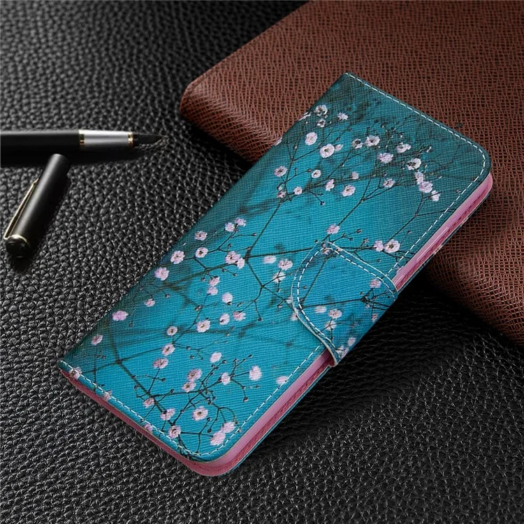 Pattern Printing Wallet Leather Protective Case for Huawei Y6p - White Flower