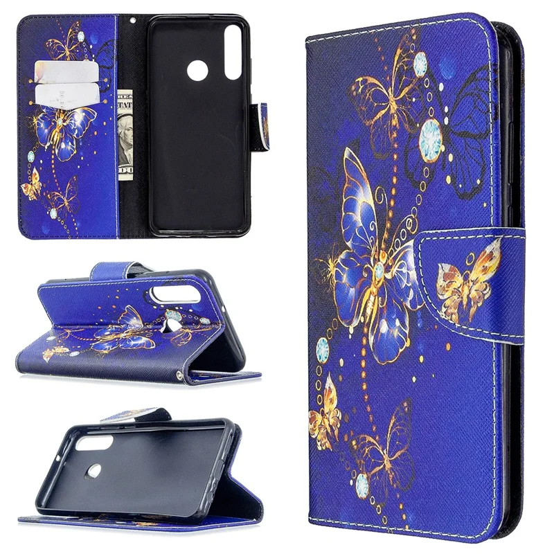 Pattern Printing Wallet Leather Protective Case for Huawei Y6p - Gold Butterfly