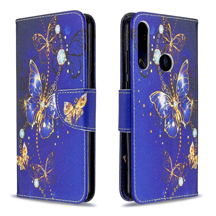 Pattern Printing Wallet Leather Protective Case for Huawei Y6p - Gold Butterfly