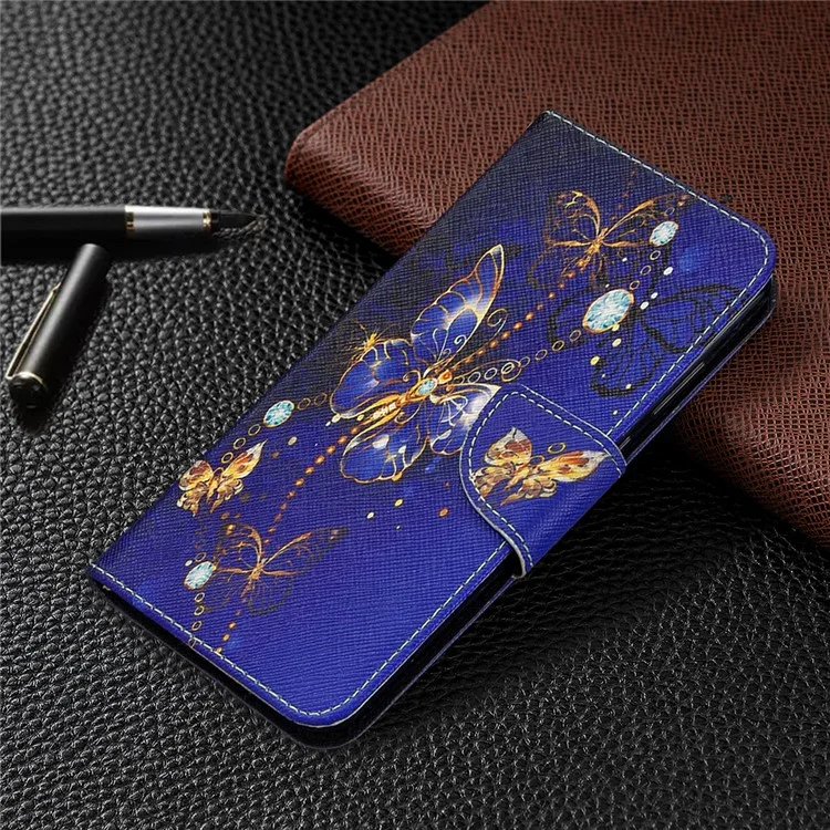 Pattern Printing Wallet Leather Protective Case for Huawei Y6p - Gold Butterfly