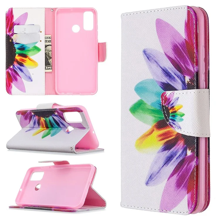 Impresión de Patrones de Billetera de Cuero Case Para Huawei P Smart 2020 - Pétalos Coloridos