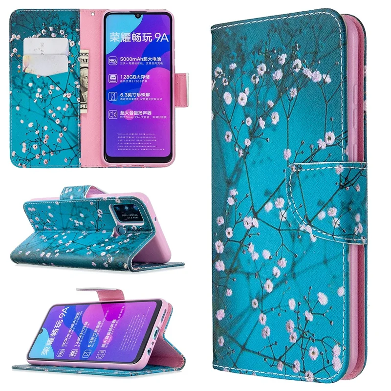 Pattern Printing Magnetic Leather Stand Case for Honor 9A - Tree with Flowers