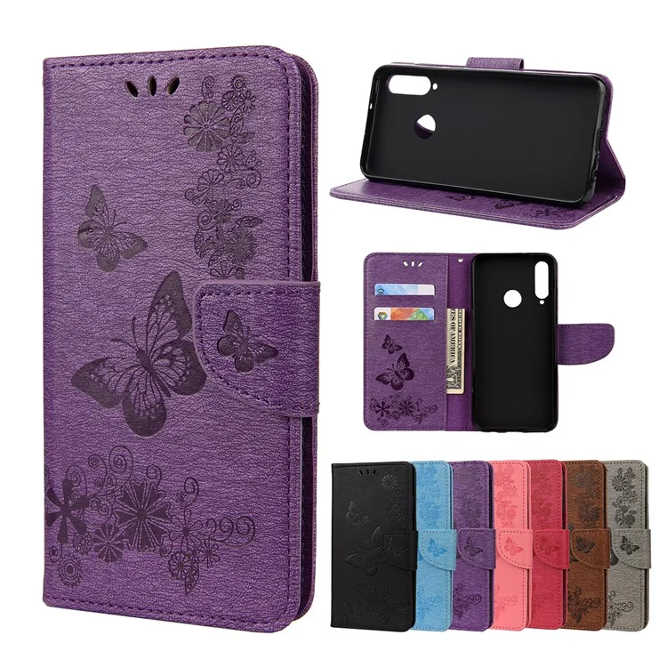 Empreinte Flower Butterfly le Cuir Portefeuille Portefeuille Pour Huawei Y6p - Violet