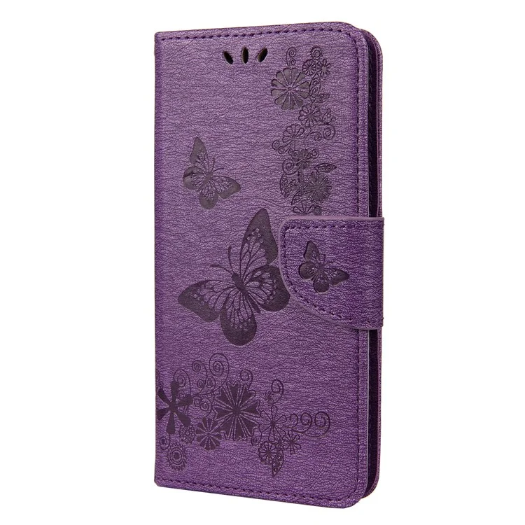 Empreinte Flower Butterfly le Cuir Portefeuille Portefeuille Pour Huawei Y6p - Violet