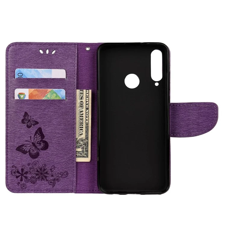 Empreinte Flower Butterfly le Cuir Portefeuille Portefeuille Pour Huawei Y6p - Violet