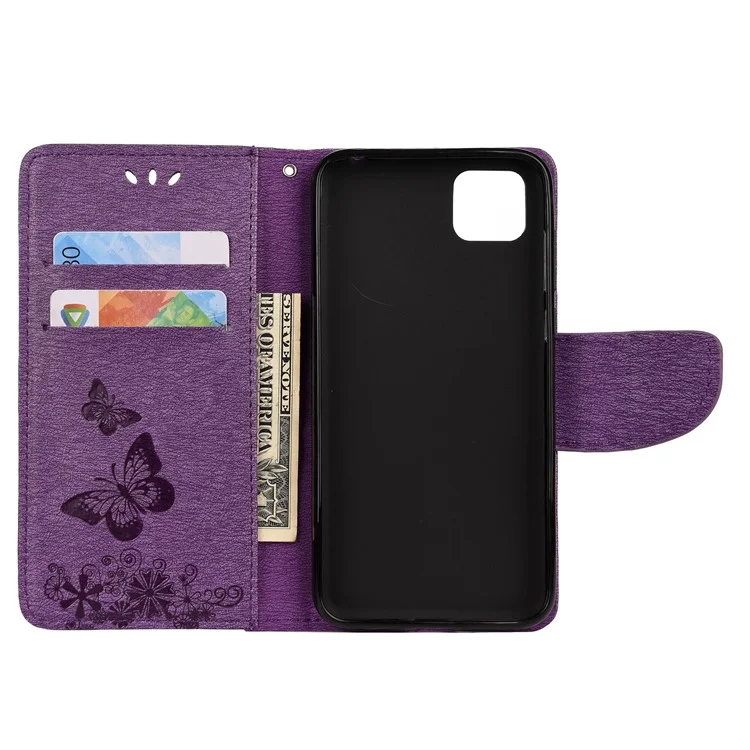 Imprint Butterfly Flower Cover Leather Wallet Case for Huawei Y5p/Honor 9S - Purple