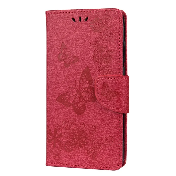 Imprint Flower Butterfly Leather Wallet Case for Huawei P smart 2020 - Red