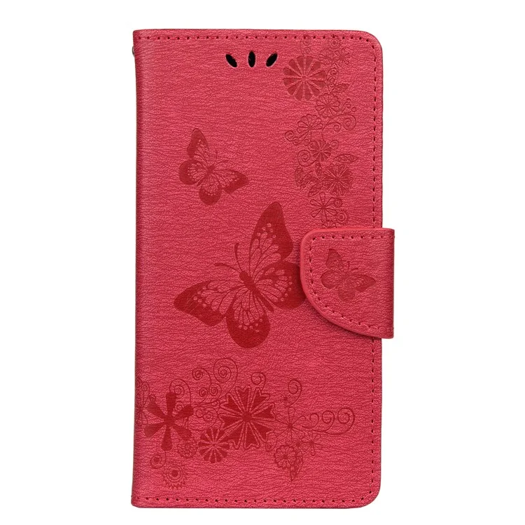 Imprint Flower Butterfly Leather Wallet Case for Huawei P smart 2020 - Red