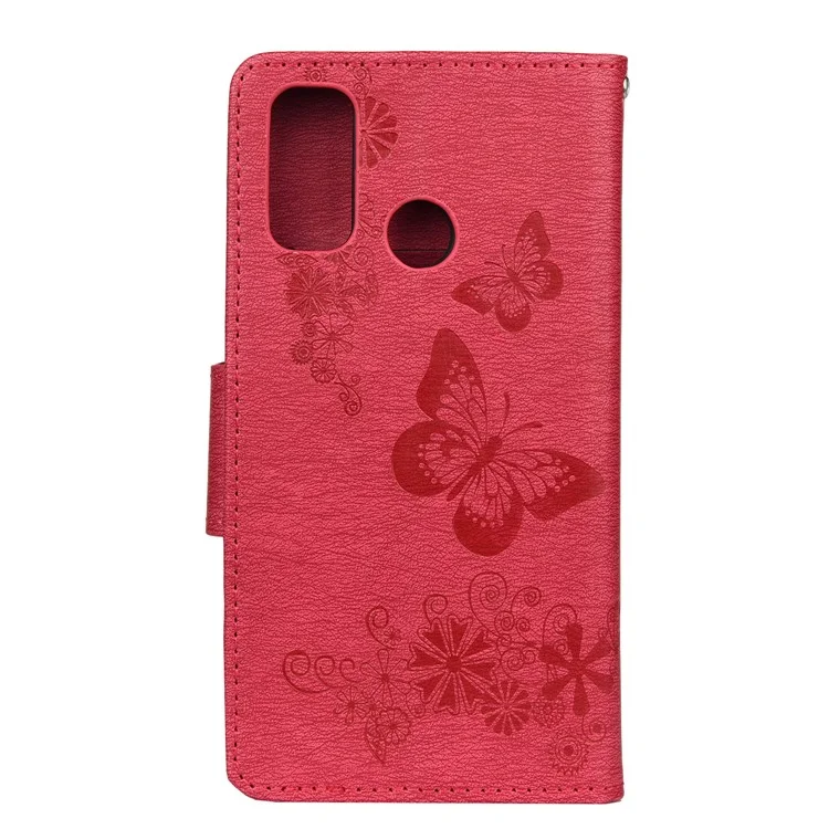 Caixa de Carteira de Couro de Borboleta Com Floresta de Impressão Para Huawei P Smart 2020 - Vermelho