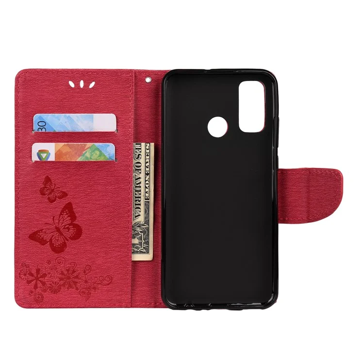 Caixa de Carteira de Couro de Borboleta Com Floresta de Impressão Para Huawei P Smart 2020 - Vermelho