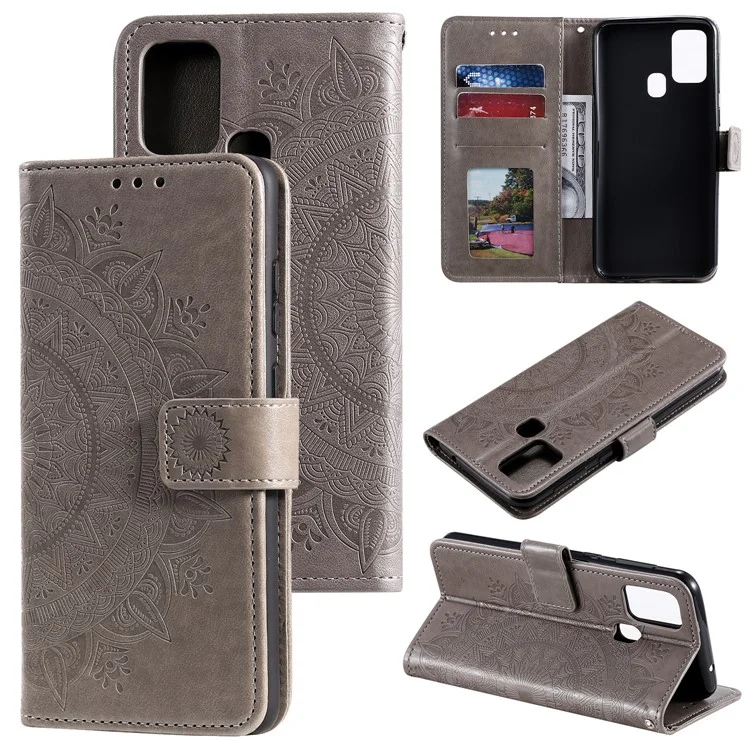 Imprint Flower Leather Wallet Stand Case for Honor 9X Lite - Grey