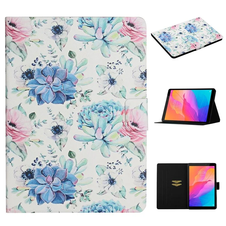 Match Flower Printing Carte Holder Stand Cuir Case Pour Huawei Matepad T8 - Fleur Bleue