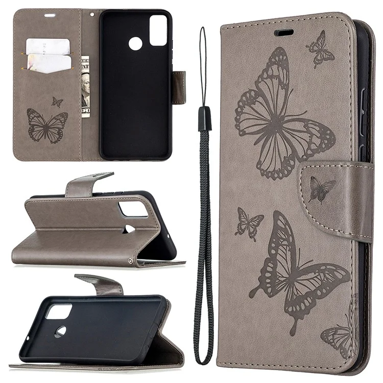 Empreinte Portefeuille Butterfly Flip Leather Téléphone Portable Pour Honor 9x Lite - Gris