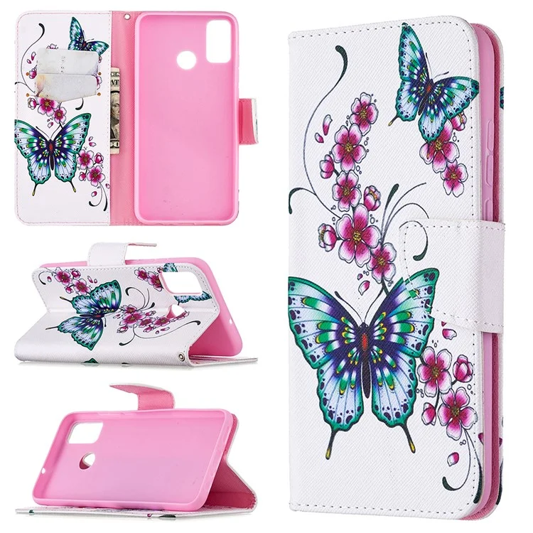 Pattern Printing Willet Stand Cuero Con Caparazón de Teléfono Móvil Para Honor 9x Lite - Mariposa y Flor