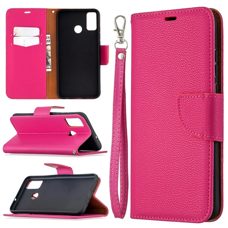 Litchi Texture Wallet Stand Leather Cover with Strap for Honor 9X Lite - Rose