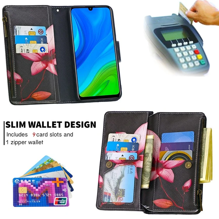 BF03 Musterdruck Reißverschluss Brieftasche Abdeckung Leder Telefonschale Für Huawei P Smart 2020 - Blume
