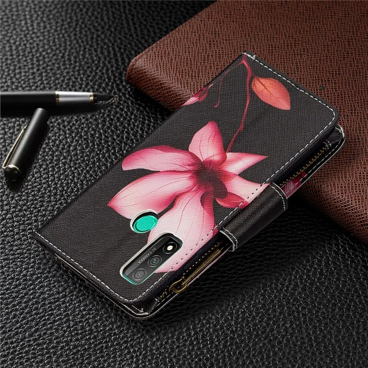 BF03 Musterdruck Reißverschluss Brieftasche Abdeckung Leder Telefonschale Für Huawei P Smart 2020 - Blume