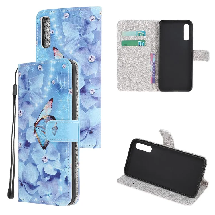 Textur-Prägung Ledergeldbörse mit Ständer und Gurt für Huawei P Smart S / Y8p - Blaue Blume 