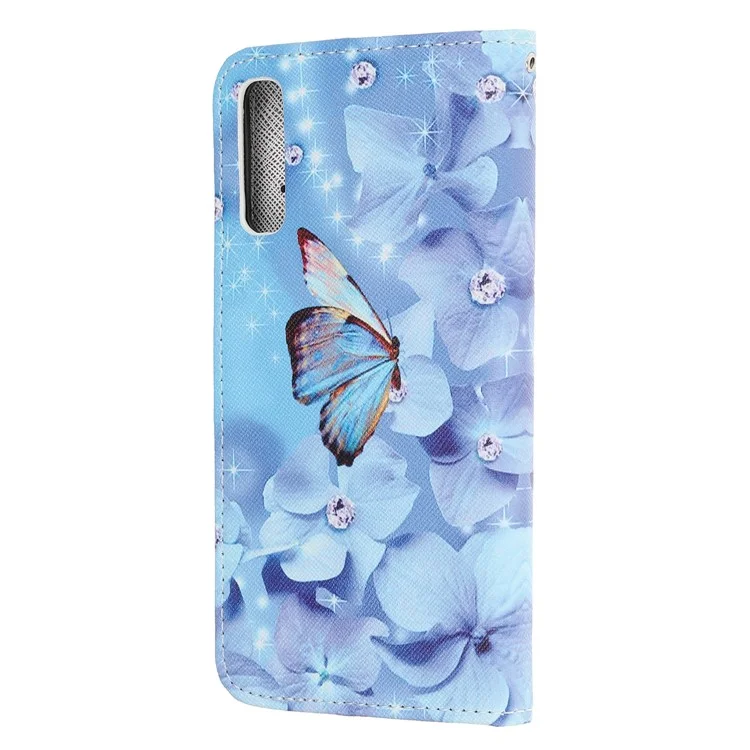 Textur-Prägung Ledergeldbörse mit Ständer und Gurt für Huawei P Smart S / Y8p - Blaue Blume 