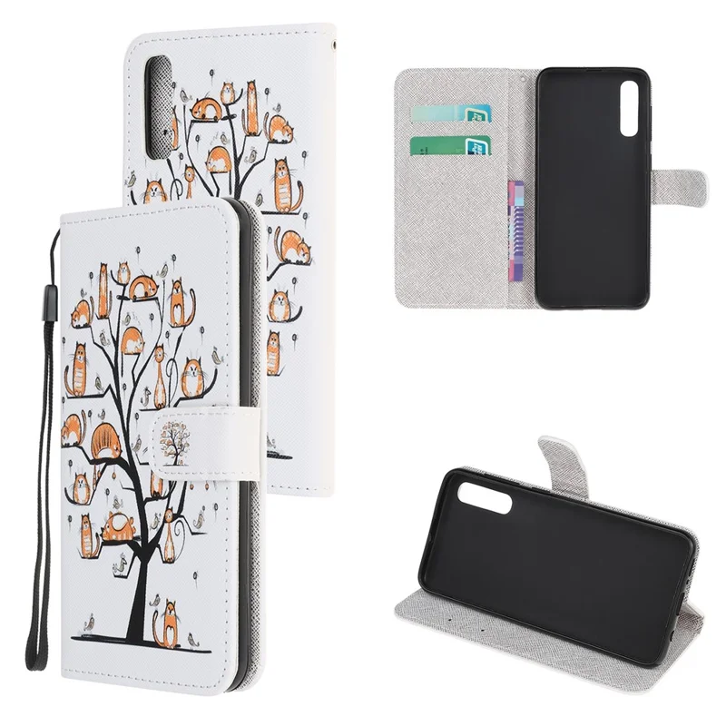 Cross Texture Pattern Printing Leather Wallet Stand Cover with Strap for Huawei P Smart S / Y8p - Cat on the Tree