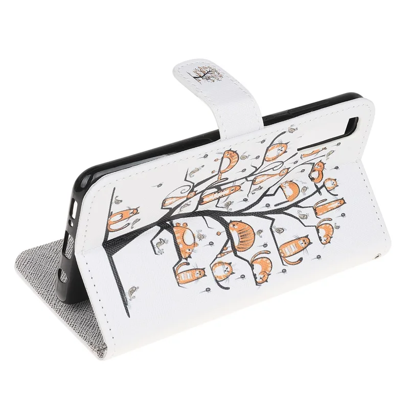 Cross Texture Pattern Printing Leather Wallet Stand Cover with Strap for Huawei P Smart S / Y8p - Cat on the Tree