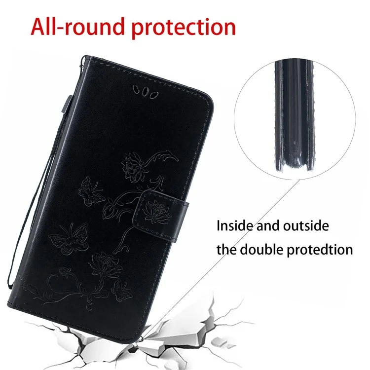 Impressum Schmetterlingsblumen Brieftasche Leder Schutzschutz Für Huawei Y8p / P Smart S - Schwarz