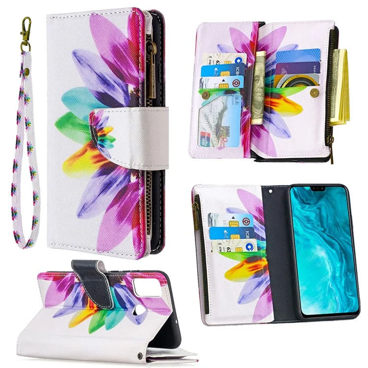 BF03 Pattern Printing Case Zipper Wallet Leather Cover for Honor 9X Lite - Colorful Petals