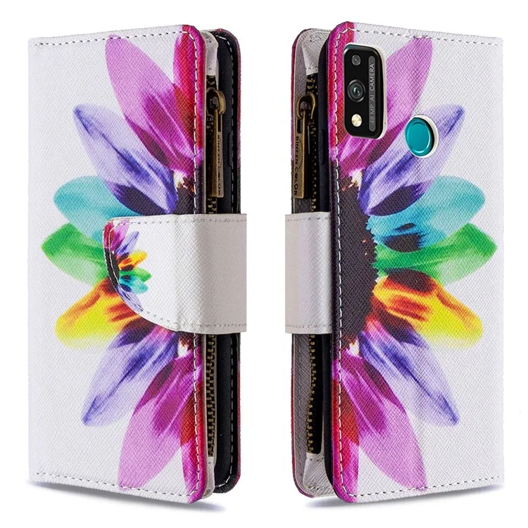 BF03 Pattern Printing Case Zipper Wallet Leather Cover for Honor 9X Lite - Colorful Petals