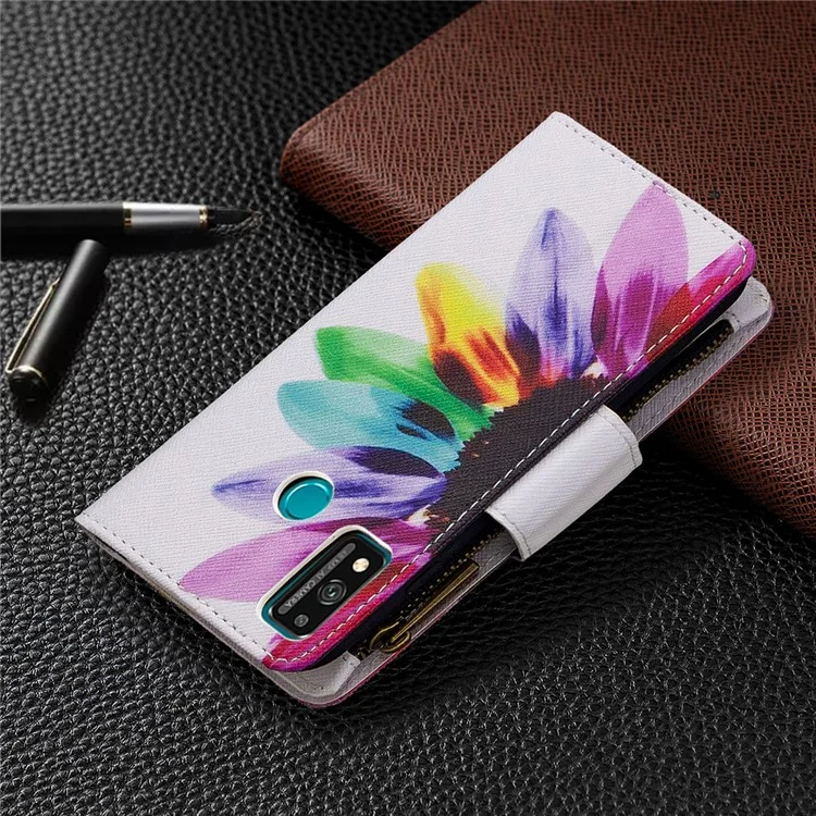 BF03 Pattern Printing Case Zipper Wallet Leather Cover for Honor 9X Lite - Colorful Petals