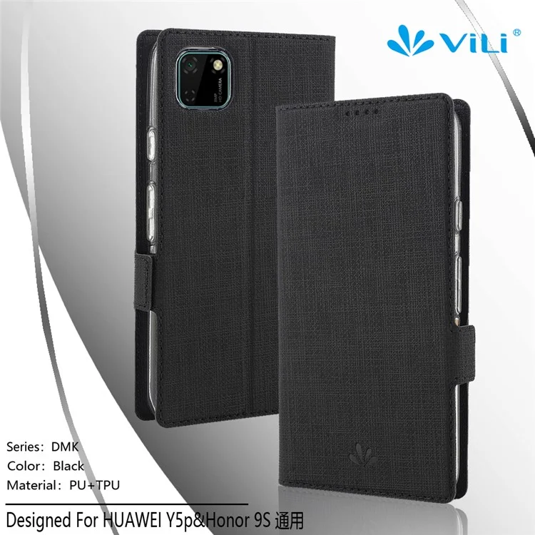 VILI DMK Cross Texture Double Magnetic Clasp Leather Wallet Case for Huawei Y5p/Honor 9S - Black