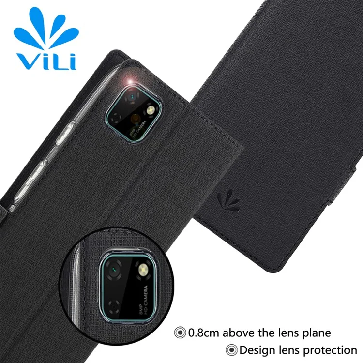 VILI DMK Cross Texture Double Magnetic Clasp Leather Wallet Case for Huawei Y5p/Honor 9S - Black