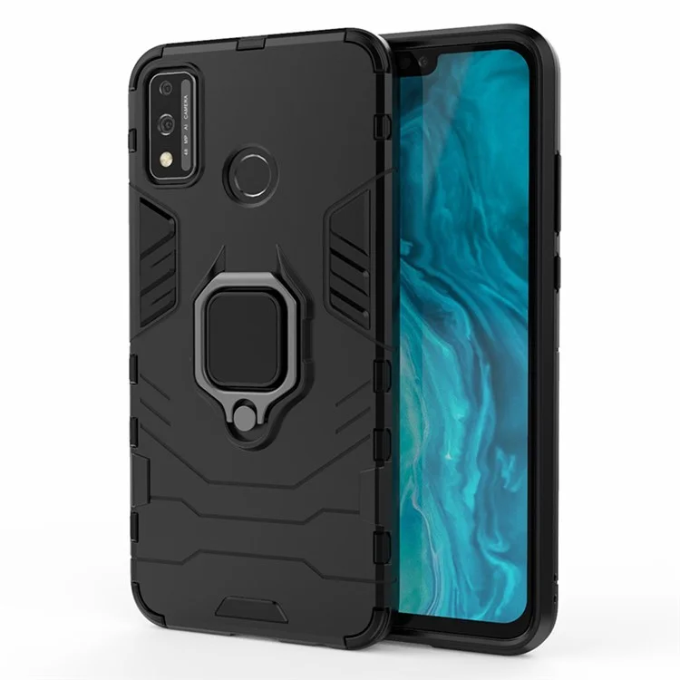 Ringhalter Kickstand Hybrid PC + TPU Combo Shell Hülle Für Honor 9x Lite - Schwarz